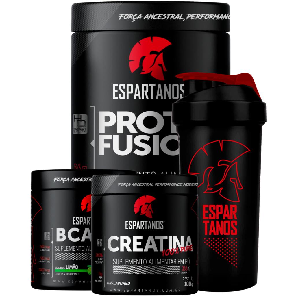 Kit Whey Protein Fusion + Bcaa + Creatina + Shaker - Espartanos
