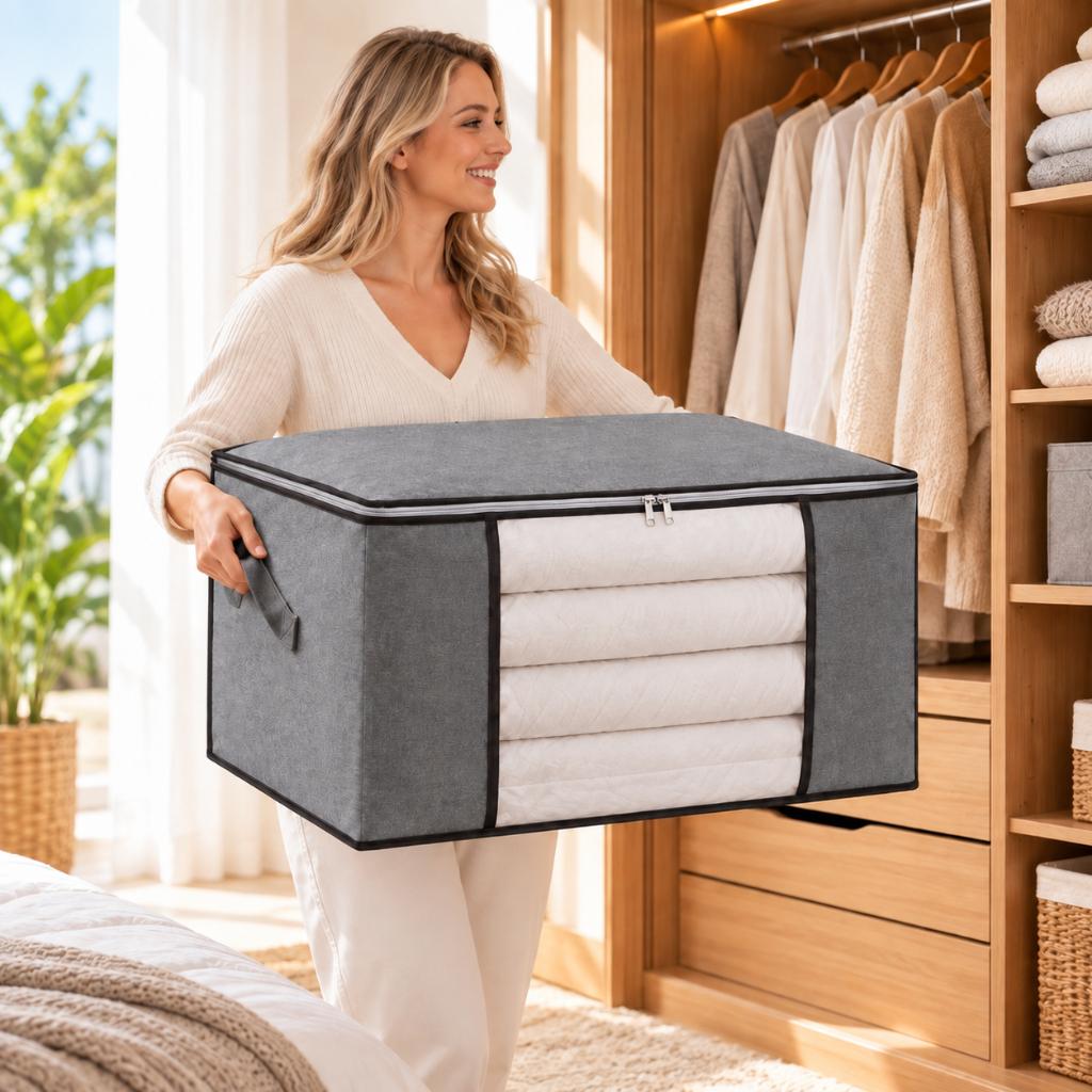Caixa Saco Organizador 90L Cobertor Edredom Roupas TNT Visor Transparente Ziper Duplo Guarda Roupas