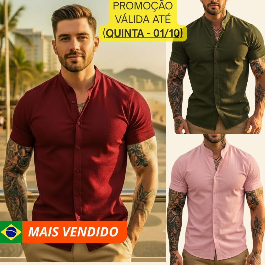 Camisa Masculina Gola Padre Manga Curta Slim Linho e Viscose Premium