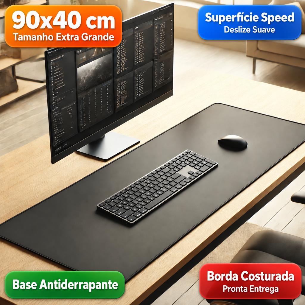 Mouse Pad Preto Gamer Extra Grande 90x40cm Preto Speed Liso