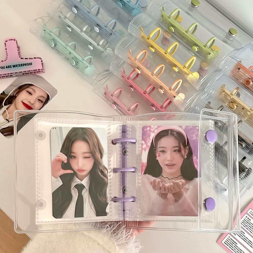 Botão Duplo Mini 3 Furos Transparente Bolso Anel Fichário Capa Para Coreano Pop Ídolo Foto Organizador
