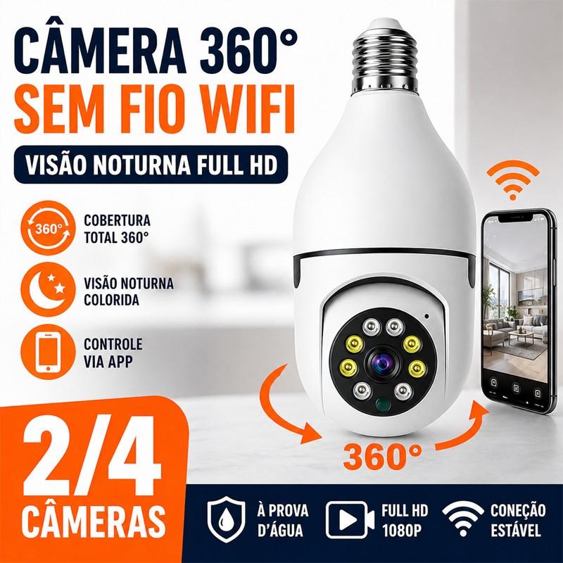 2/4 Câmeras De Segurança , Lâmpada 360 WiFi IP HD Visão Noturna PTZ Sem Fio Inteligente Interna