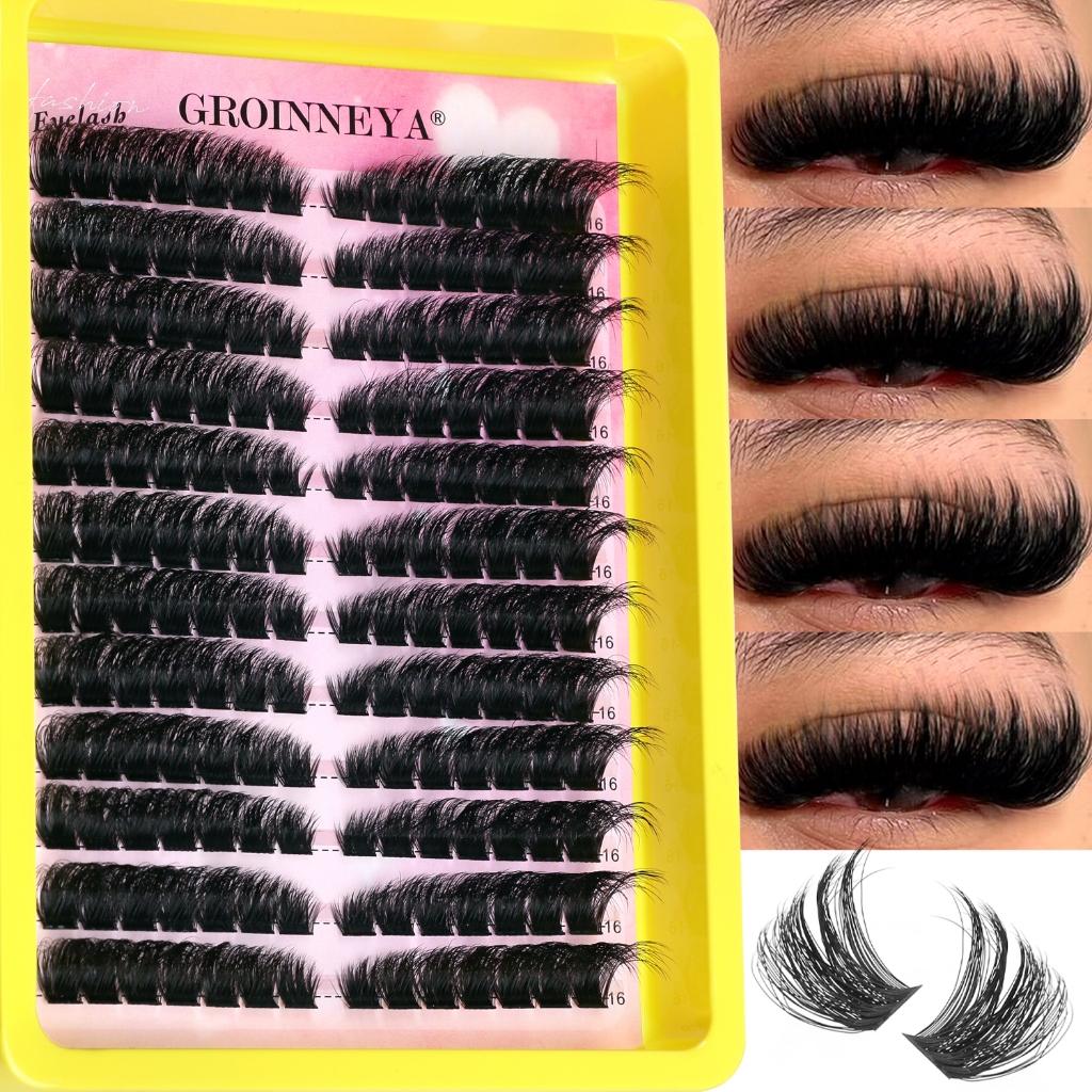 GROINNEYA Lash Clusters Volumosos Cílios Finos D-Curl Olho De Gato DIY Cluster Extensão Grossos