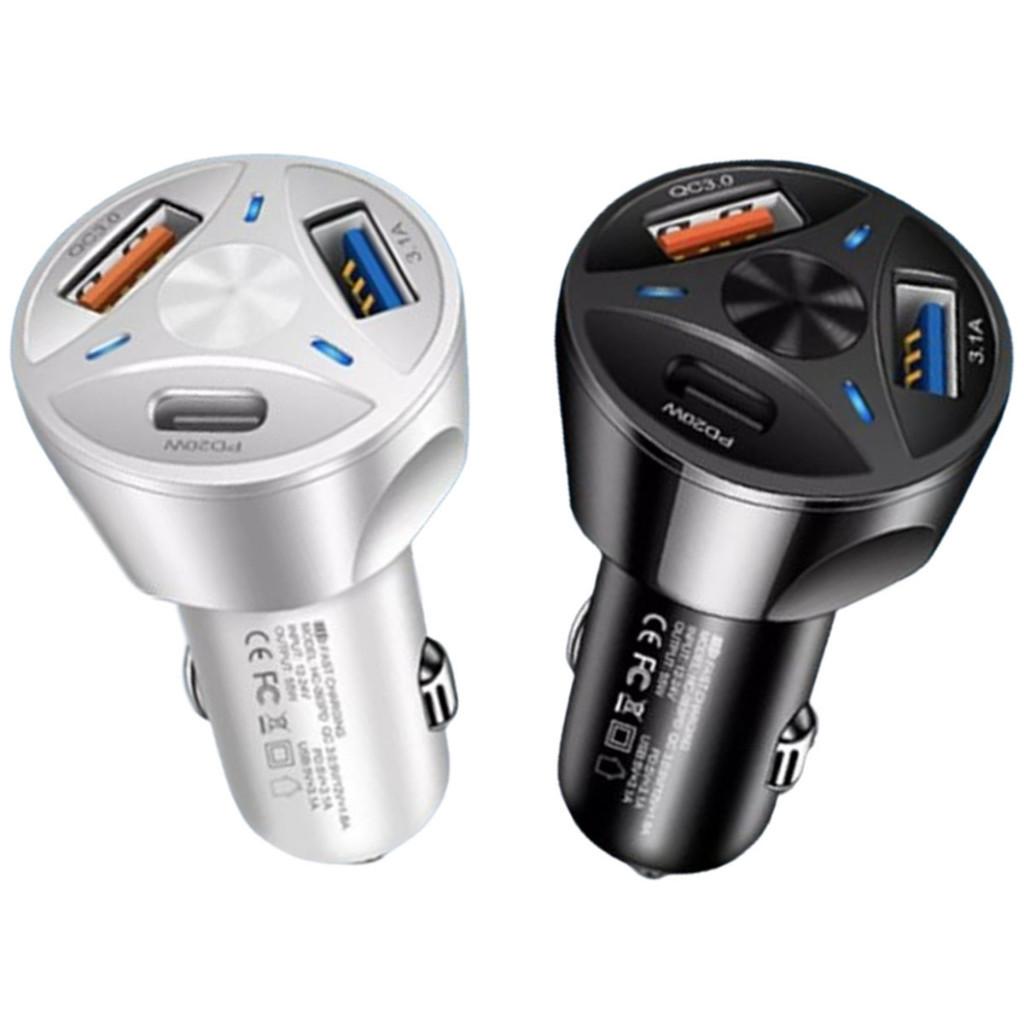 Carregador Veicular Turbo 55W 2 Portas USB 3.0 Tipo C 20w Carro Carregamento Rápido Sortido
