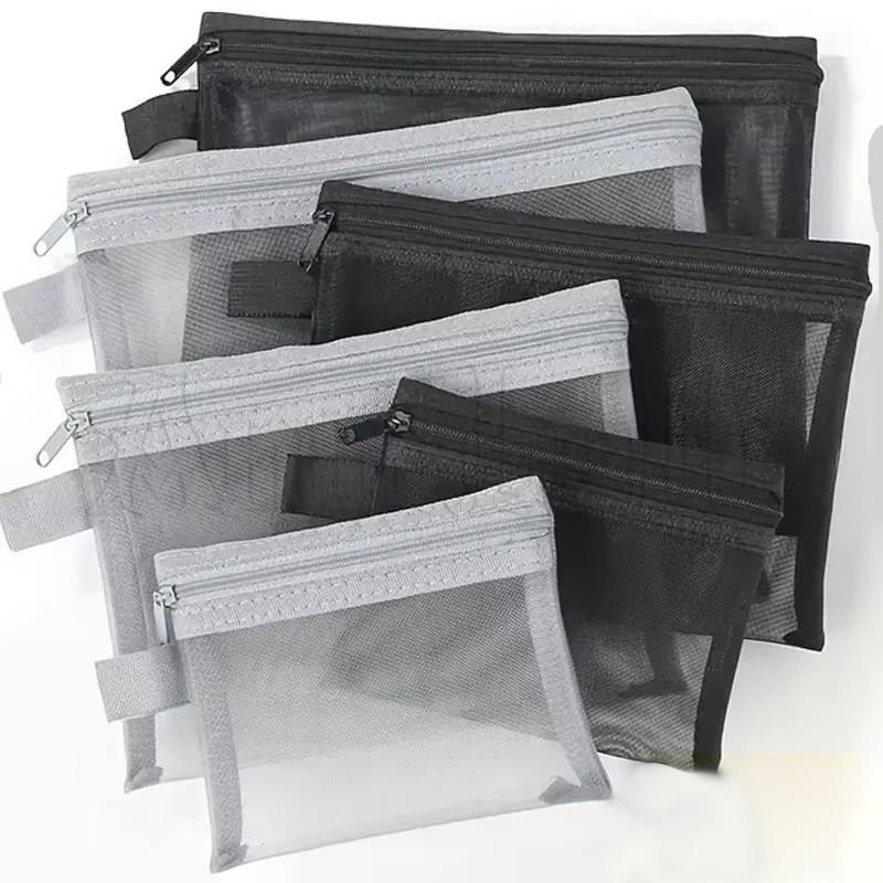 Sacos De Armazenamento De Malha Transparente Cinza-Bolsa De Lavagem De Maquiagem Oca Lavável-Bolsas Com Zíper De 3 Taman