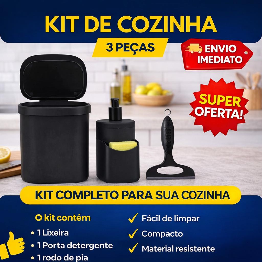 Kit Pia De Cozinha Com Lixeira 3,5 Litros e Dispenser de Rodinho Porta Detergente 500ml Porta Bucha