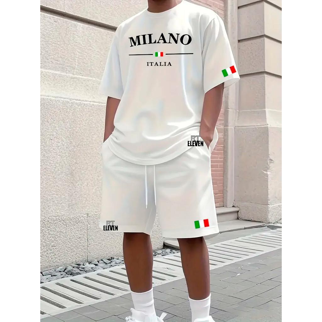 Conjunto Camiseta + Short Moletom Estampado Milano Itália Street Camiseta Malha Linha Premium + Short Mauricinho RT Elev