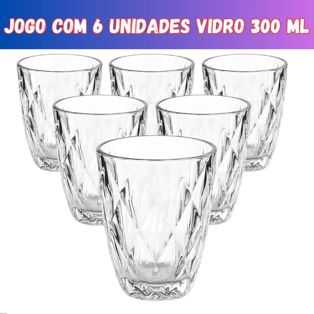 Jogo 6 Copos Baixos Diamond 300ml Vidro Grosso Diamante Luxo