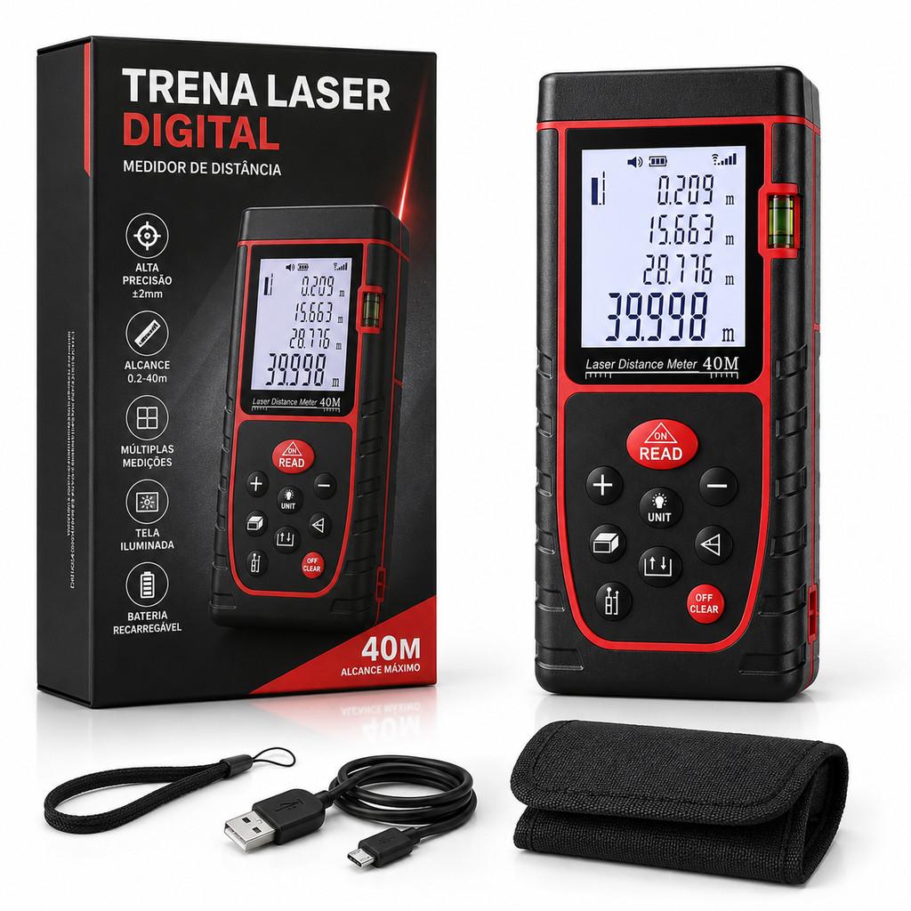 Medidor de Distância Laser 40m Alta Precisão Digital Trena Eletrônica m in ft ft+in Portátil
