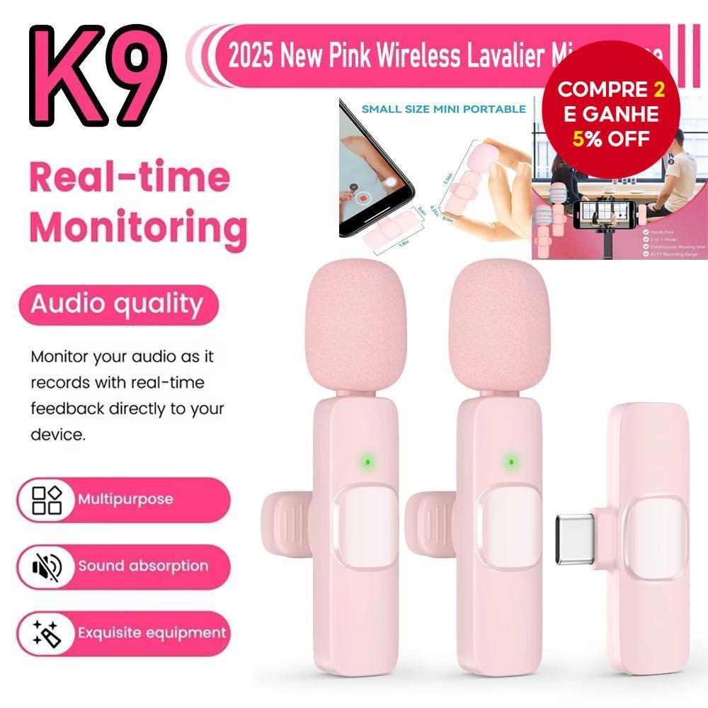 Microfone Sem Fio K9, Microfone de Lapela para Ensino, Mini Microfone para Vlog, Videoke e Transmissão ao Vivo