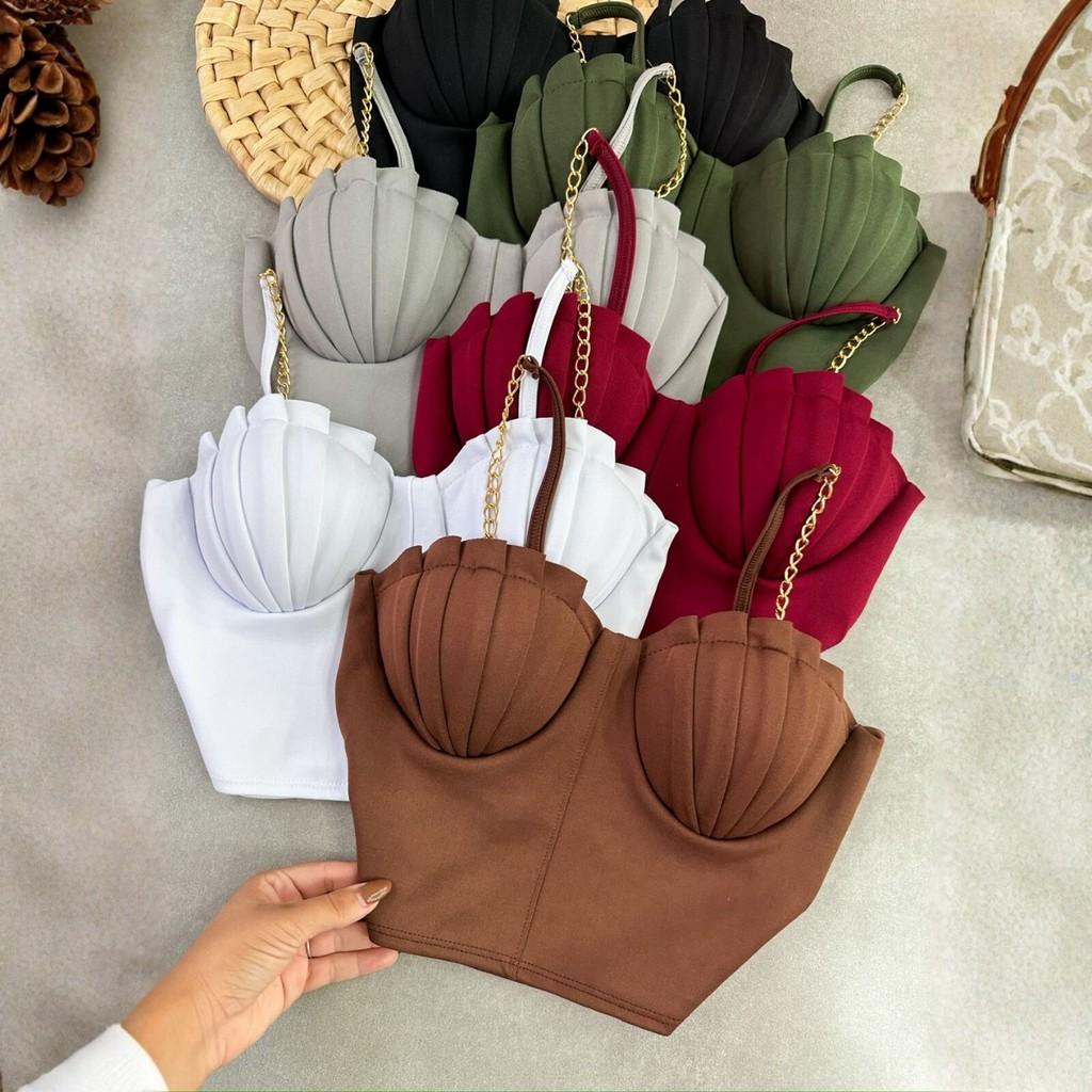 Cropped Sereia Concha Liso Moda Blogeira Retro Neoprene com Bojo Balada