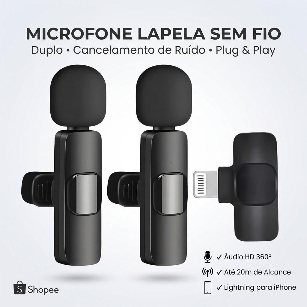 Kit 2 Microfones de Lapela Sem Fio Tipo-C IOS Duplo Cancelamento de Ruído para Live Podcast Celular