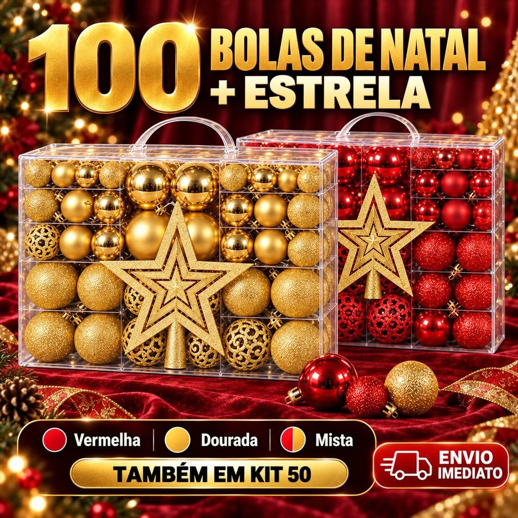 Kit 100 Bolas de Natal E Estrela Ponteira Decoração Enfeite Árvore Fosca Glitter Vermelha Dourada