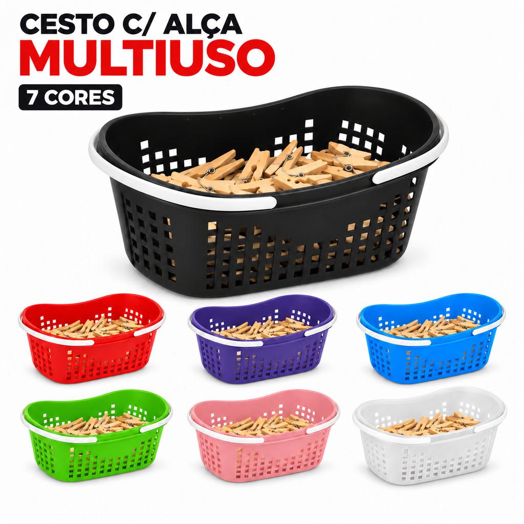 Cesto C/ Alça Plástico Resistente Multiuso Prendedor de Roupa Copa Casa Banheiro Lavanderia