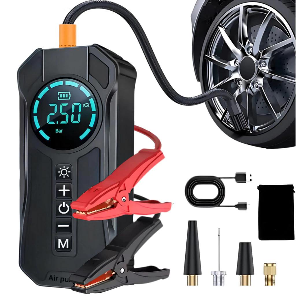 Bomba de Ar Auto 4 em 1 | Compressor Inflator + PowerBank 8000mAh | Calibrador de Pneu