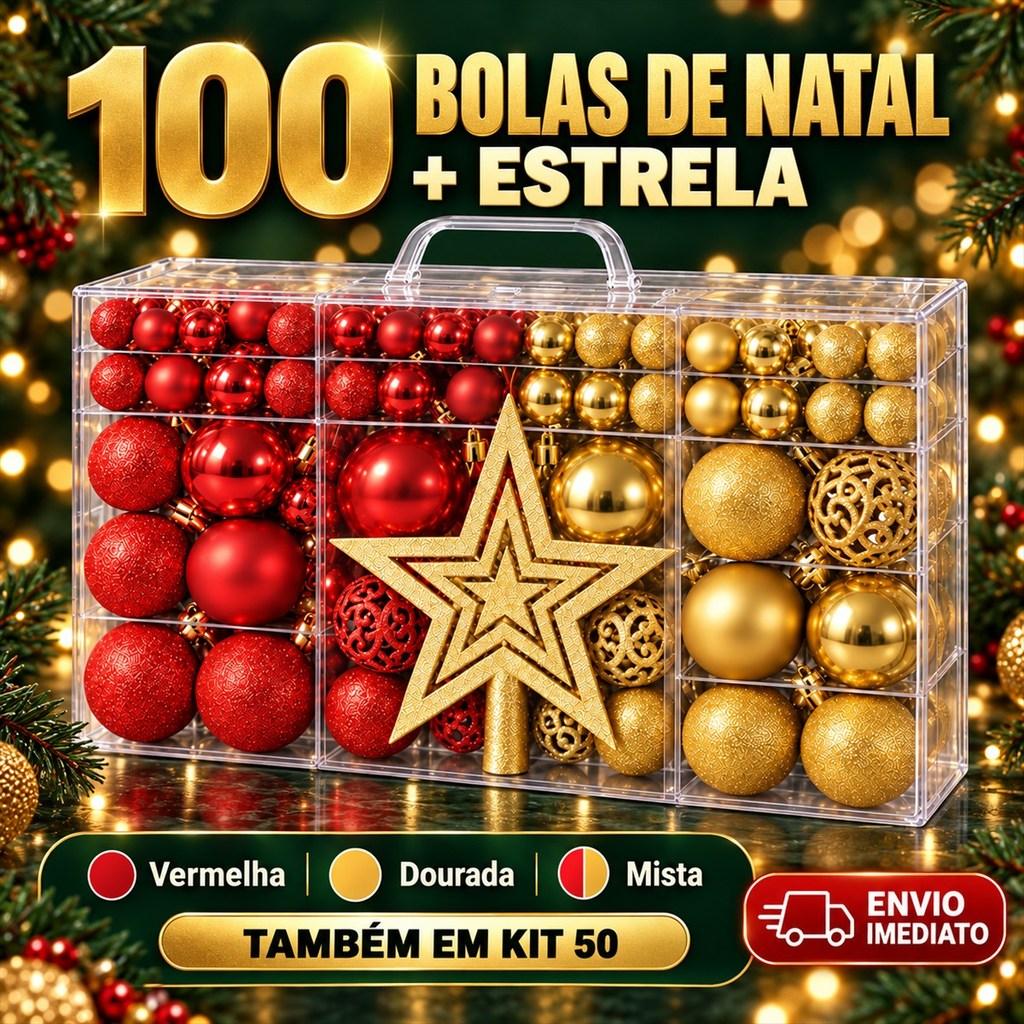 Kit 100 Bolas de Natal com Estrela ou Kit 50 Enfeite Árvore Vermelha Dourada Mista Fosca Glitter