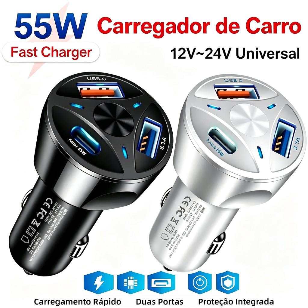 Carregador Veicular Turbo Universal 3 USB 1 Porta QC3.0 Carregamento Rápido para Celulares