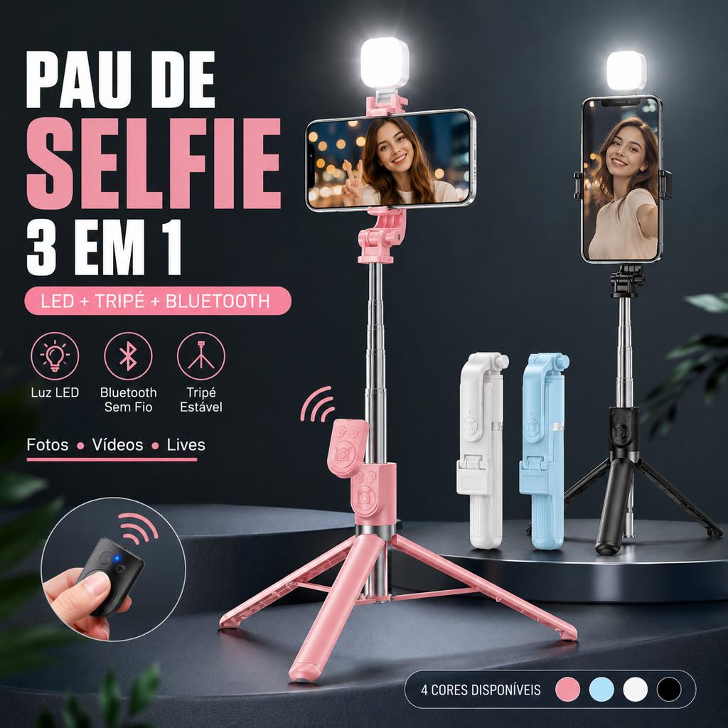 Pau de Selfie 3 em 1 com LED Tripé Bluetooth Controle Remoto para Celular
