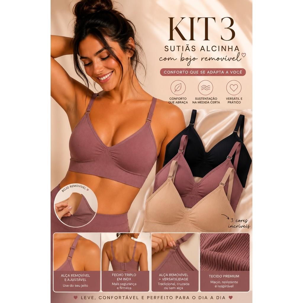 KIT 3 Top Sutiãs Feminino Sem Costura Alça Fina Canelado Com Bojo Removível Poliamida
