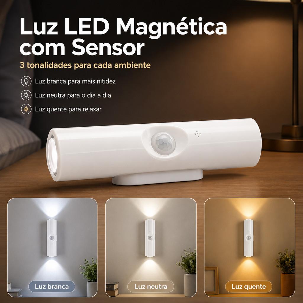 Kit 1/2 Smart Luminária Inteligente Recarregável USB Sem Fio Portátil Magnética 3 Cores para Sala Escada e Corredor