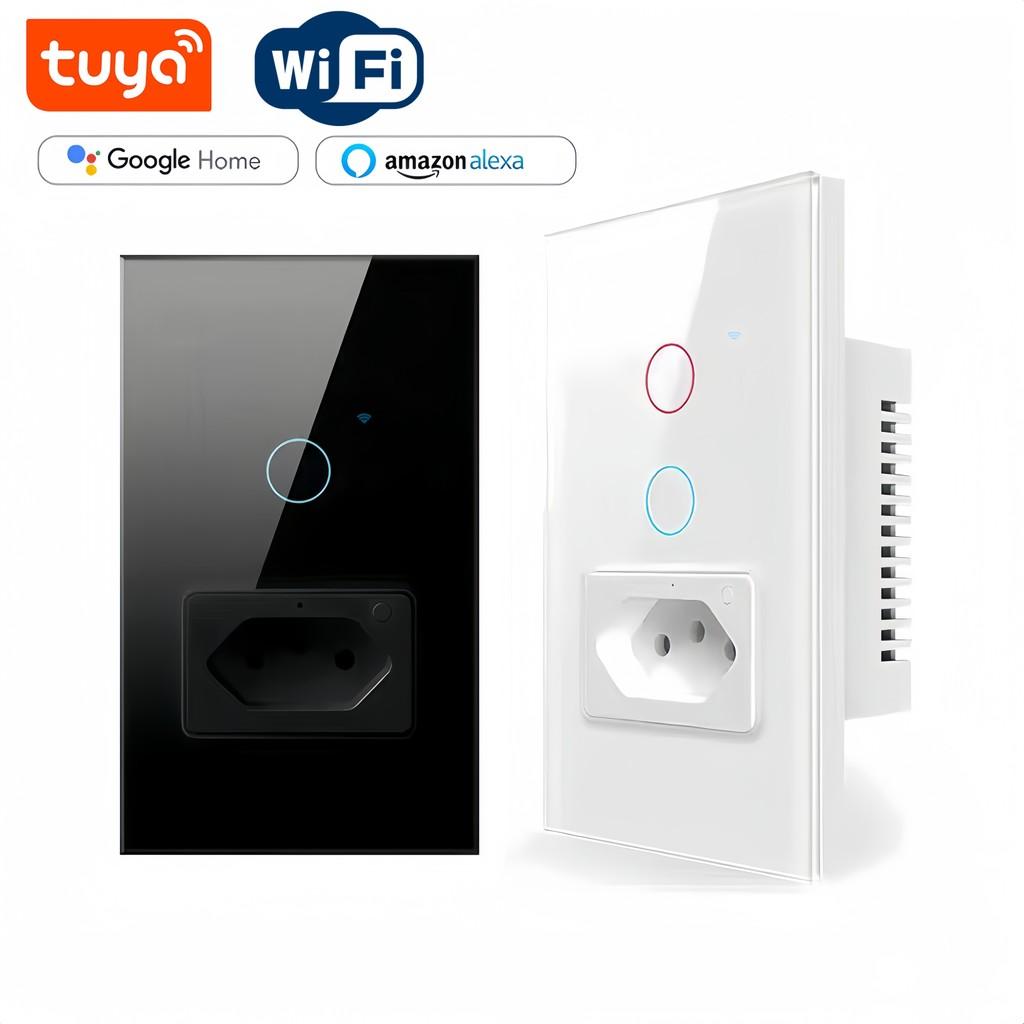 Interruptor Inteligente WiFi com Tomada e Painel Touch de Vidro Temperado, Compatível com Alexa e Google