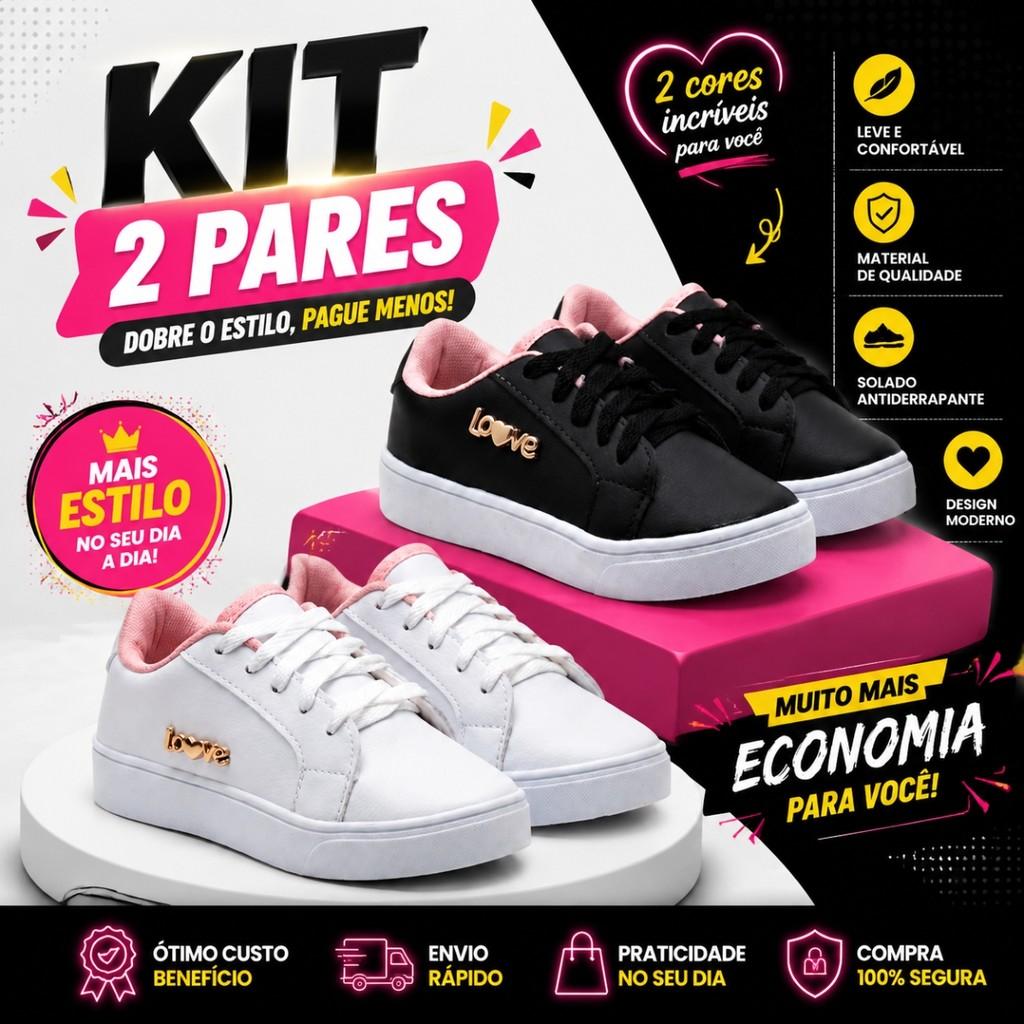 Kit 2 Pares Sapato Infantil Menina Com Cadarço Sola Leve Visual Moderno Moda Infantil