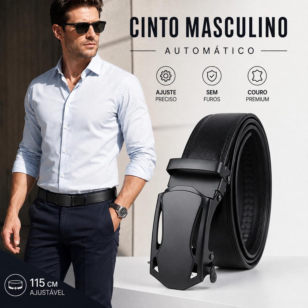 Cinto Masculino Automático Sem Furos Couro Sintético Fivela Ajustável 115cm