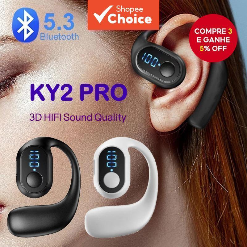Fones de Ouvido KY2 Pro Preto Gancho de Ouvido Sem Fio, Fones Bluetooth com Display Digital, Som HiFi 3D Surround,