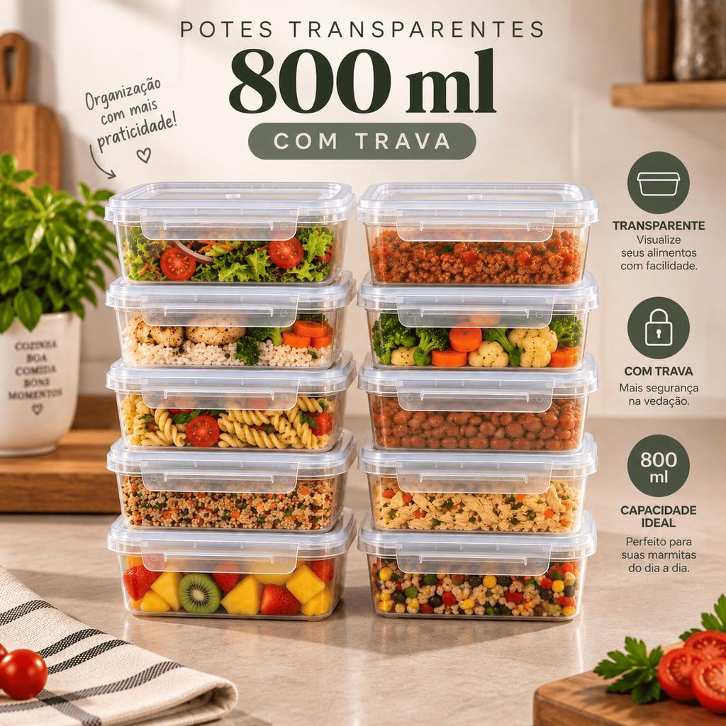 Kit 10 Potes marmitas com Trava 800ml - Transparente e Tampa Transparente - LIVRE BPA - Marmita - Freezer - Micro-ondas