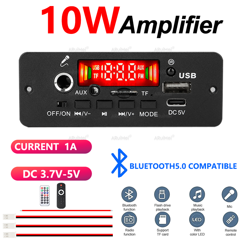 Placa Amplificadora Bluetooth Mini 10W com Display e Controle Remoto, Alimentada por USB 3.7-5V/Bateria para Caixa de
