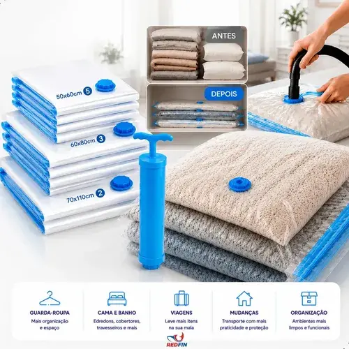 Kit 10 Sacos a Vácuo Reutilizáveis com Bomba para Viagem e Organização