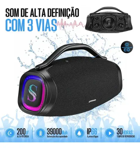Caixa De Som boombox sabala Bluetooth 5.4 Portátil-200w-dr300 39000mAh Potente RMS 35hz - 20khz App - Preto