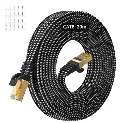 Cabo de rede Cat8 de 20 metros, 40 Gbps, 2000 MHz, nylon plano, trançado, cobre puro