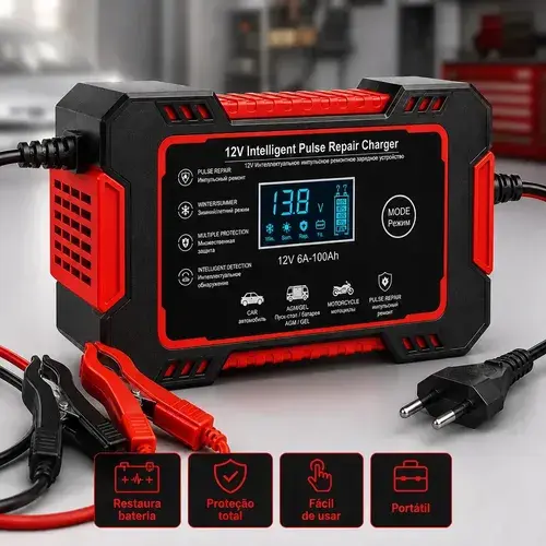 Carregador Inteligente de Bateria Automotiva 12V 6A Bivolt com Display Digital para Baterias 4Ah a 100Ah Carro Moto Utilitário Barco Caminhão Recupera Bateria