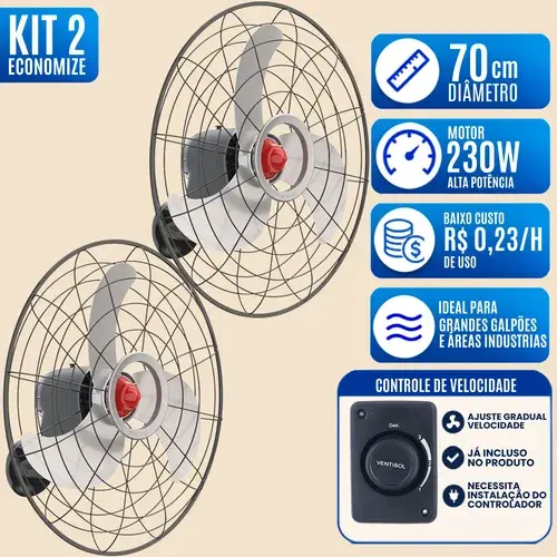 Kit 2 Ventilador Parede Ventisol 70cm 230w Bivolt Industrial