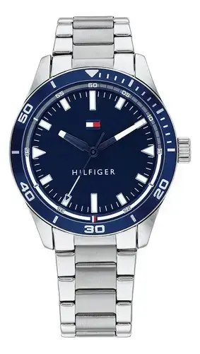 Relógio Tommy Hilfiger para homens em aço prateado 1791817, cor da moldura, azul marinho, cor de fundo, azul marinho