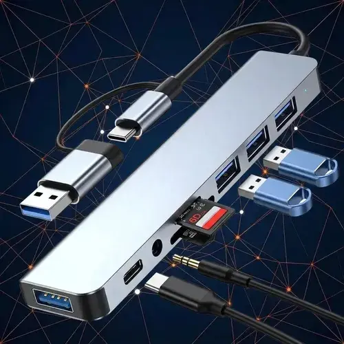 Hub USB Hardline de 8 Portas com USB 3.0 e Saída Tipo C Prateado para Macbook e iPad