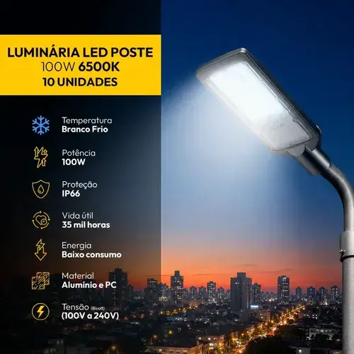 Kit 10 Luminaria Led Poste Rua Publica 100w 6500k 1200lm 110v/220v Bivolt DPS 5KV Alta Resistencia a Impacto IK07 Ip66 Proteção Contra Surto Alut000902 Alut By Avant