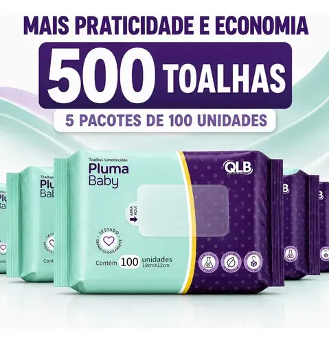Lenços Umedecidos Pluma Baby Com 500 Unidades Cx/5 Pct