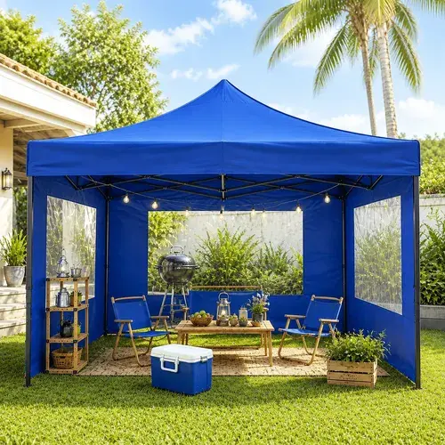 Tenda Gazebo Sanfonada Azul 3x3 Parede Lateral E Bolsa Top