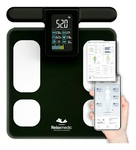 Balança Bioimpedância Corporal Digital 8 Sensores Profissional Bodyscan - Relaxmedic Cor Preto