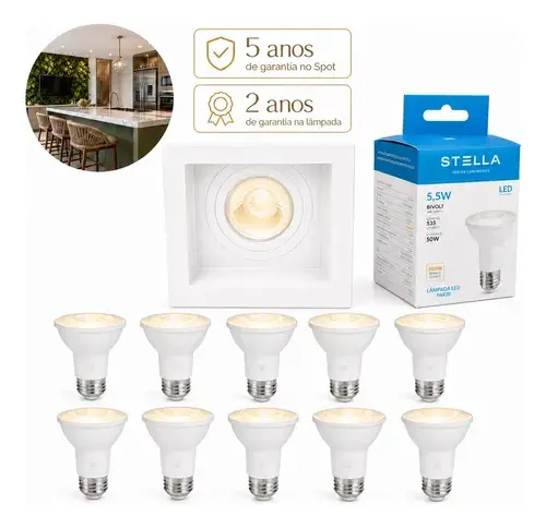 Kit 10 Spot Embutir Par 20 Recuado Quadrado E27 Stella 3000k