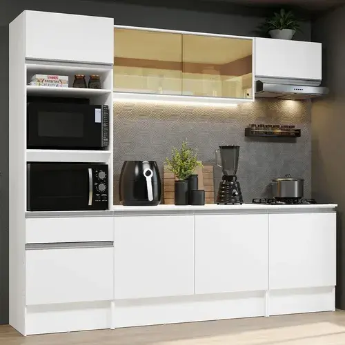 Armário de Cozinha Completa Modulada Diamante Madesa Com Armário Torre E Balcão com Tampo para Cooktop B Cor Branco