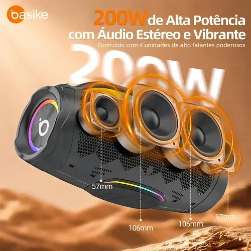 Caixa De Som Bluetooth Basike 200W Portátil Boombox 13.5 Pol TWS Bass Boost IPX6 Bateria 20000mAh RGB Para Festa Preto