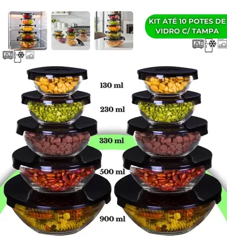 Kit 10 Potes De Vidro Hermético Com Tampa Tigela Redondo Freezer Micro-ondas Marmita Ideal para Alimentos e Refeições VYROX