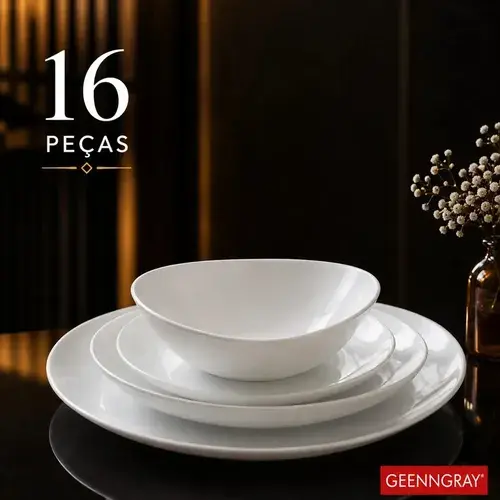 Aparelho Jantar 16 Peças Jogo Kit Branco Pratos Rasos Fundos Bowl e Sobremesa Mesa Posta Côncavo Opalino Resistente Geenngray
