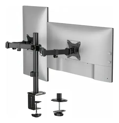 Suporte Monitor Duplo Mesa, Braço Articulado Ajustável, Base Fixação Grampo Sem Furo, VESA 75x75 100x100, 14-28 Pol, 20kg, Rotação 360°, Altura e Inclinação Ajustável