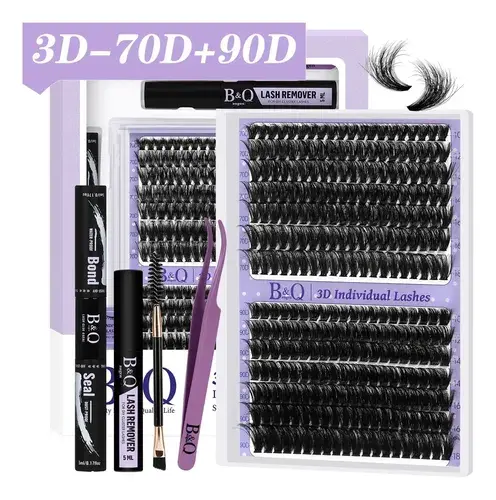 Extensões de Cílios B&Qaugen 70D+90D Efeito 3D, Cílios Cluster Espessura Única, 10-18mm Comprimentos Mistos, Curvatura D, Volume Falso Mink, DIY para Maquiagem Olhos