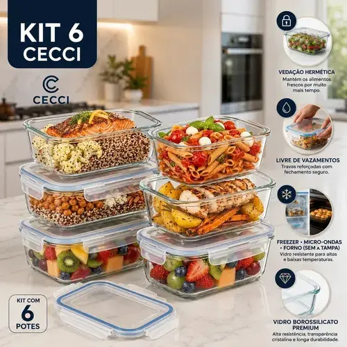 Kit 6 Potes de Vidro Herméticos Retangulares 640 mL para Marmita, Freezer e Organização