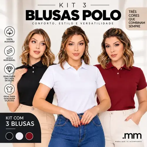 Kit 3 Camisas Polo Social Feminina .mm Algodão Manguinha
